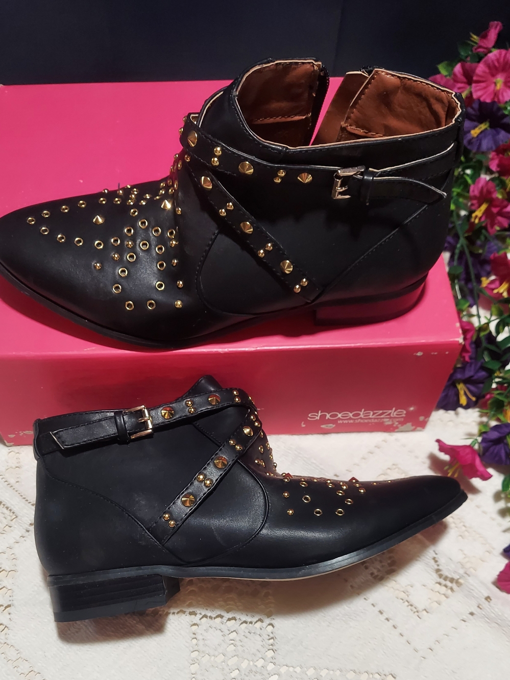 Shoe Dazzle Black Ankle Booties with Gold Stud Details